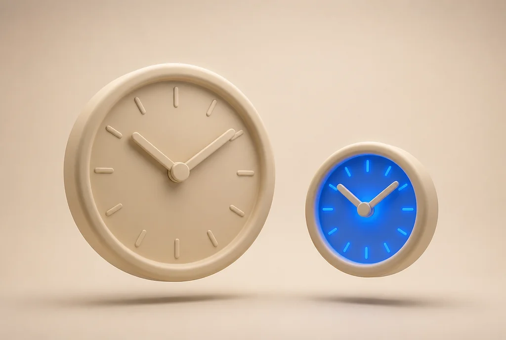 Dos relojes cream: uno grande analógico y uno pequeño iluminado en azul — caso de cotización