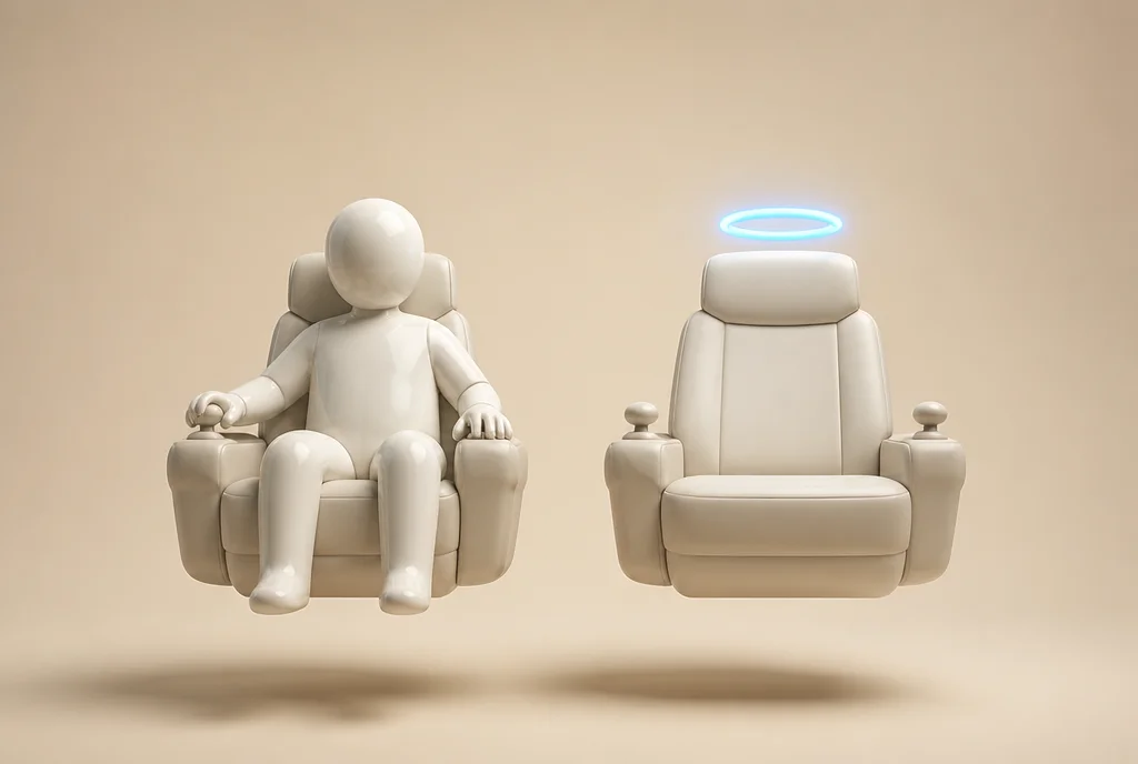Dos sillones cockpit cream: uno con figura humana, otro vacío con halo azul