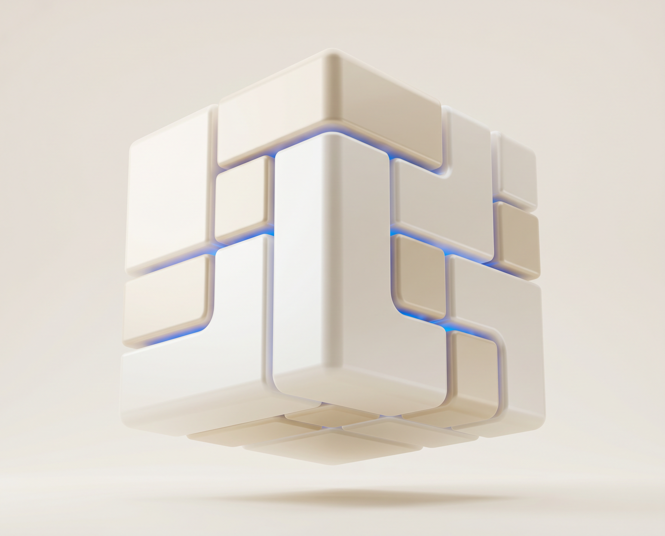 Desarrollo de software a medida — cubo modular tipo bloques con líneas azules en las juntas