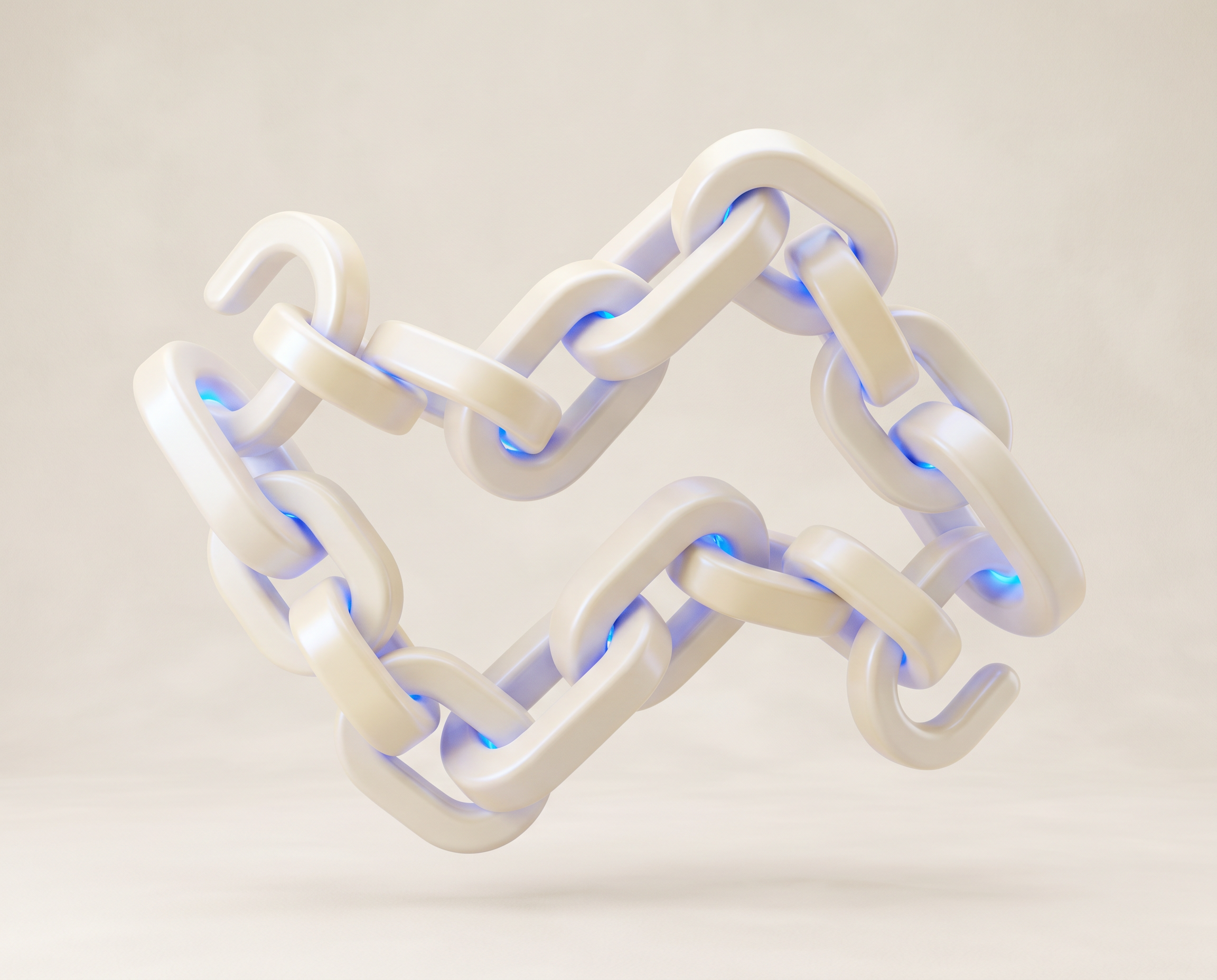 Integraciones y APIs — cadena de eslabones chunky con glow azul en las juntas