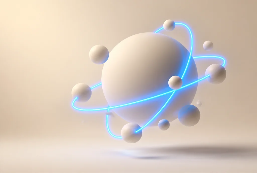 Agentes de IA — esfera central con satélites orbitando unidos por anillo de luz azul