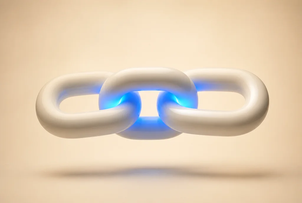 Integraciones y APIs — eslabones de cadena chunky entrelazados con núcleo de luz azul radiando