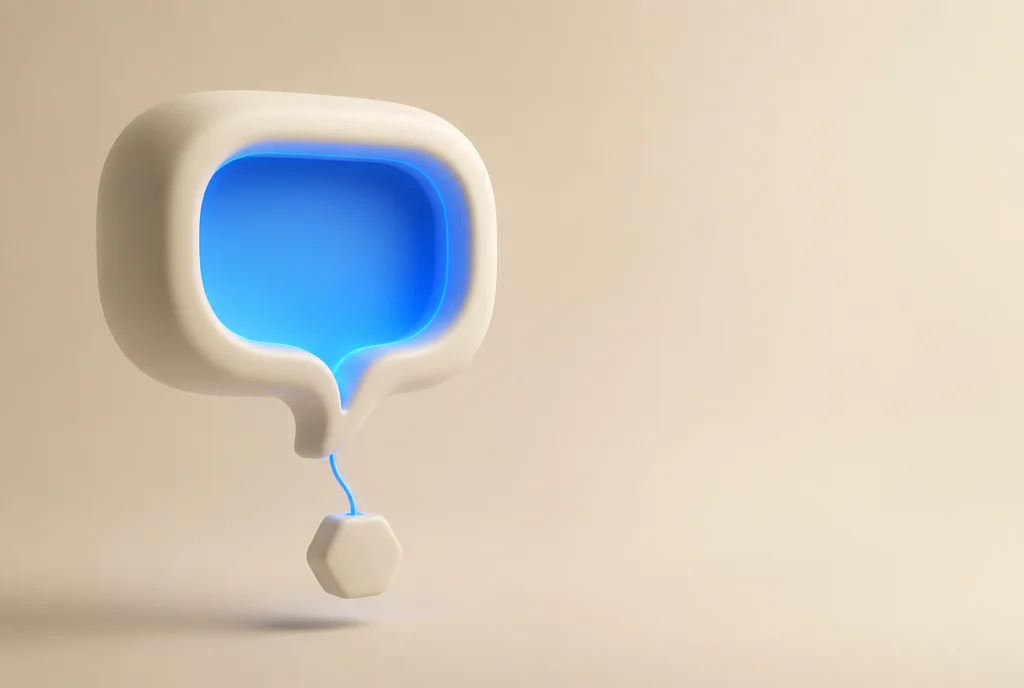 Bots de WhatsApp — burbuja de chat chunky con núcleo azul conectada por hilo de luz a un nodo CRM