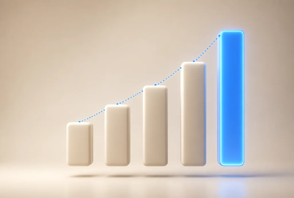 Reportería automatizada — gráfico de barras chunky ascendentes con la última iluminada en azul y línea punteada de crecimiento