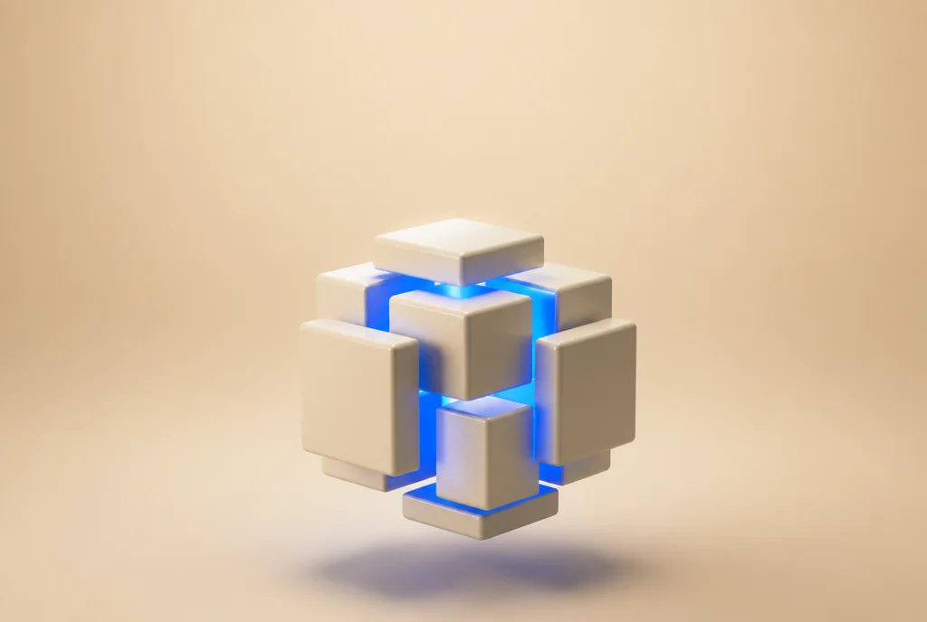 Desarrollo de software a medida — cubo chunky desensamblado en bloques modulares con seams de luz azul
